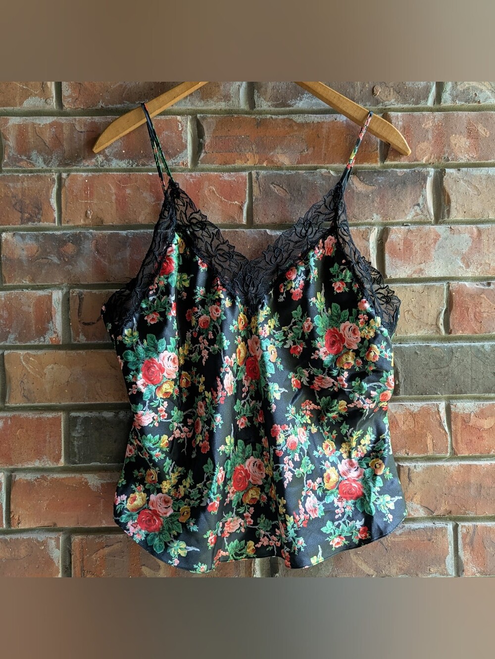 Vintage Victoria's Secret Gold Black Floral Rose Satin Lace Camisole Top Sz M